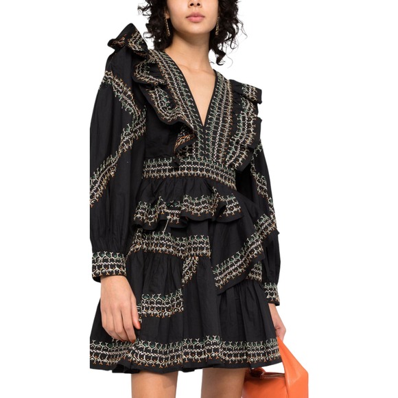 ULLA JOHNSON Anais Mini Dress Ruffle Embroidered V-Neck Black Noir Cotton 2 NWT - Picture 11 of 15
